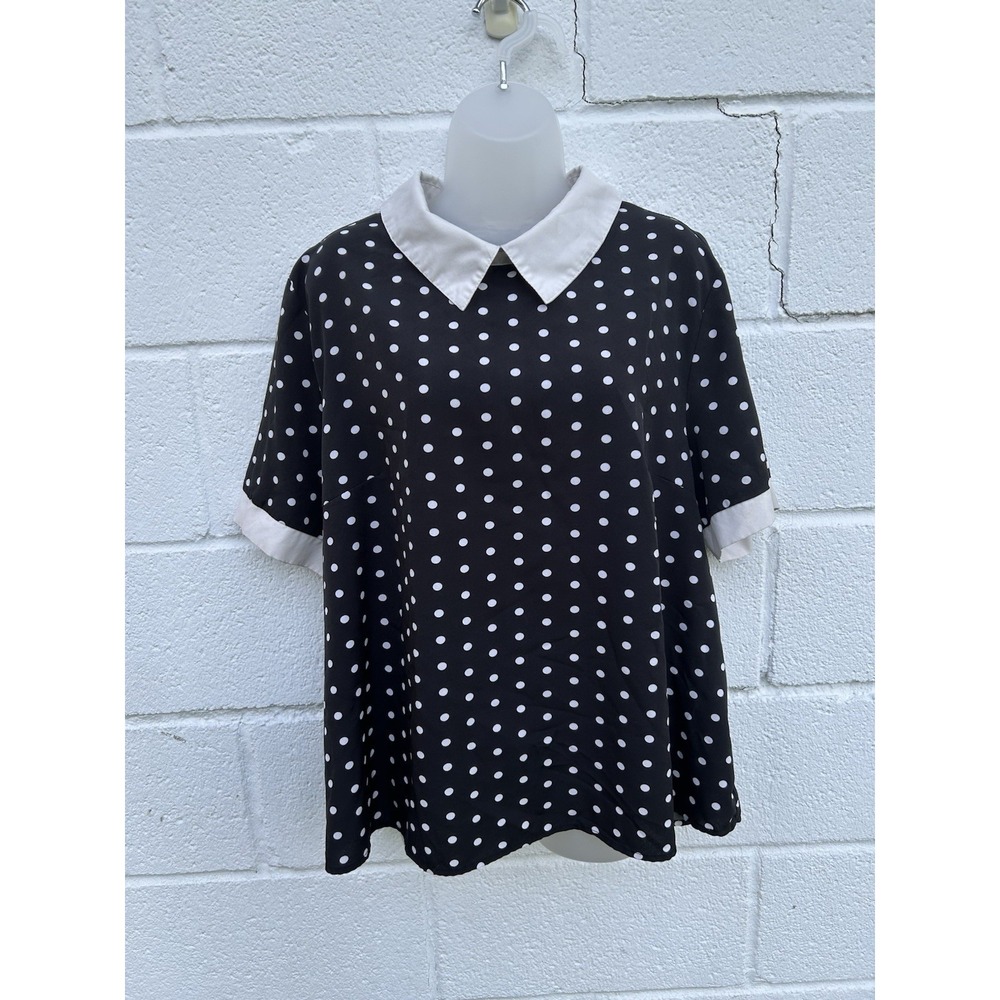 SHEIN Black Blouse Top Polka Dots Sz 3 XL Peter Pan Collar Neckline 50" Chest